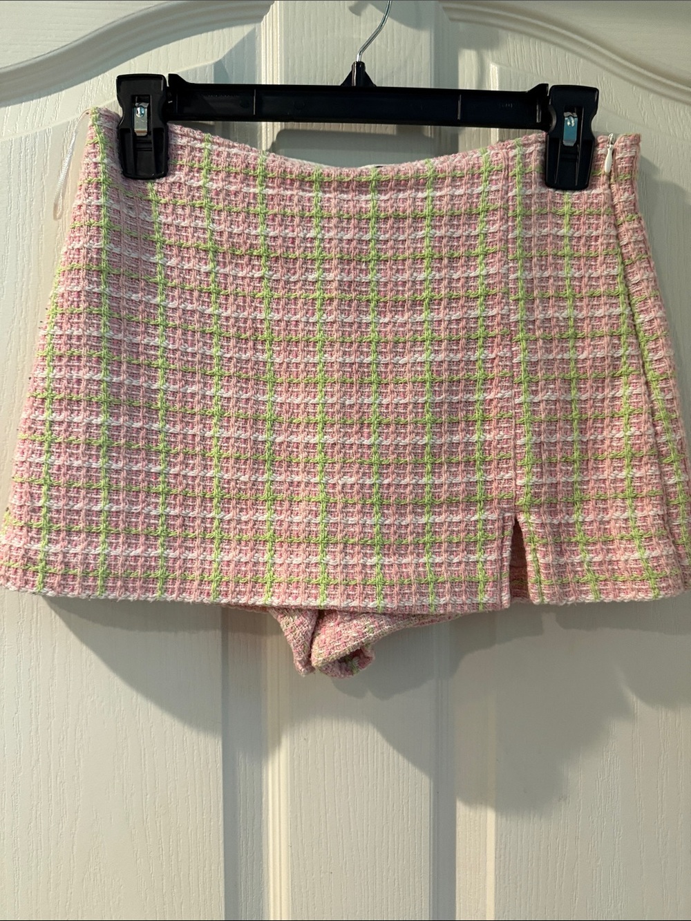 Zara Pink and Green Plaid Tweed Mini Skort